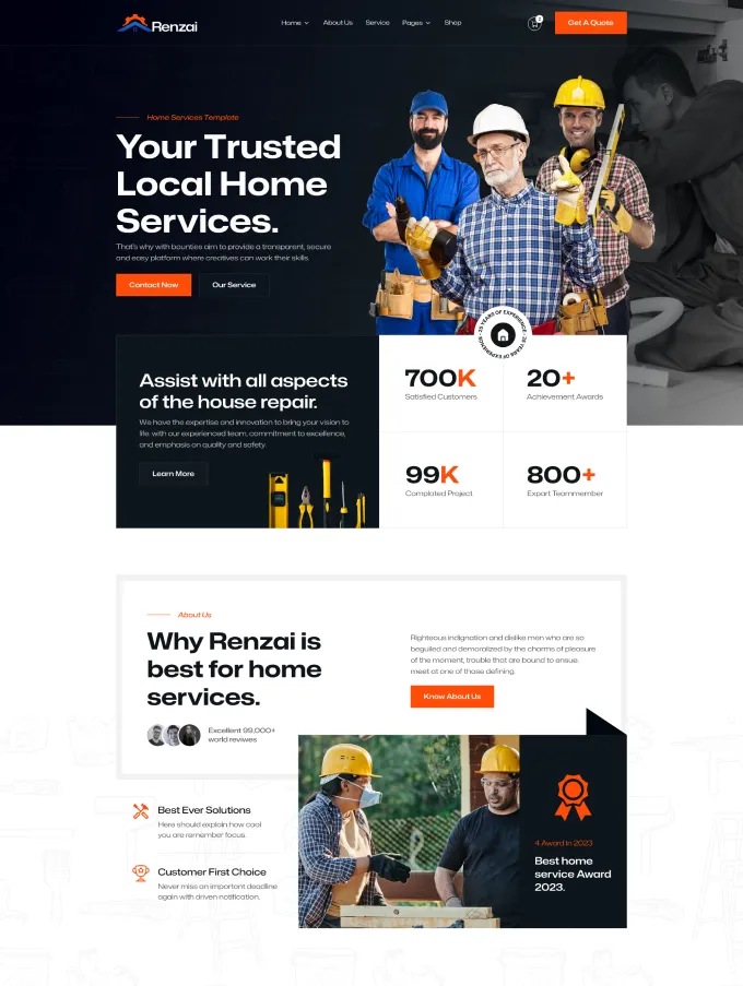 Website homepage for Renzai home services featuring three smiling workers with tools and helmets, service statistics, and details about best solutions and awards.