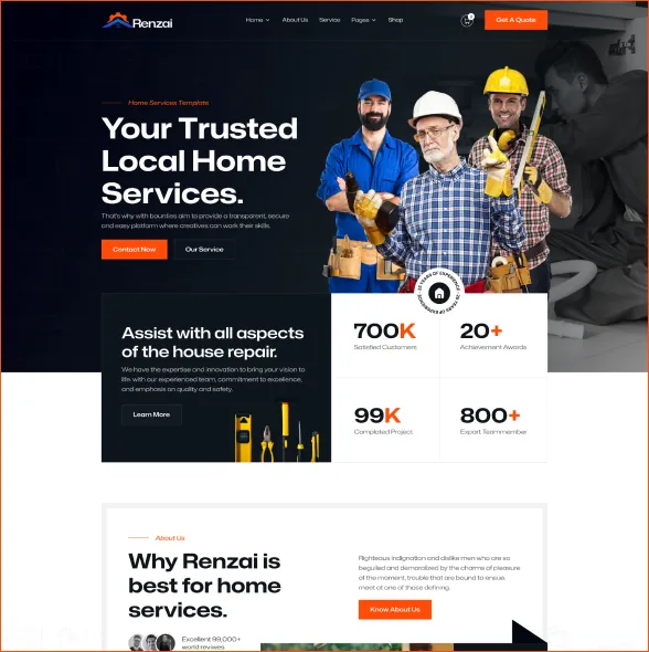 Website homepage for Renzai home services featuring three workers in uniforms and hard hats with tool belts, highlighting trusted local home repair services and customer achievements.
