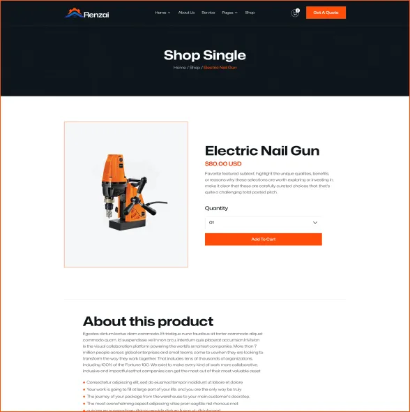 Webpage displaying an electric nail gun product with price, quantity selection, and an Add to Cart button.
