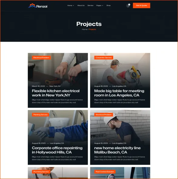 Website projects page showing six service cards including electrical work, carpentry, painting, and pest control with images of workers performing related tasks.