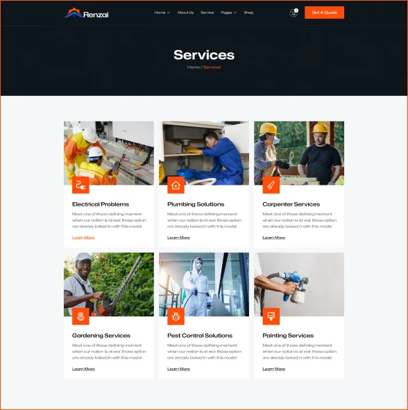 Website services page showing categories: Electrical, Plumbing, Carpenter, Gardening, Pest Control, and Painting Services with icons and images of workers.
