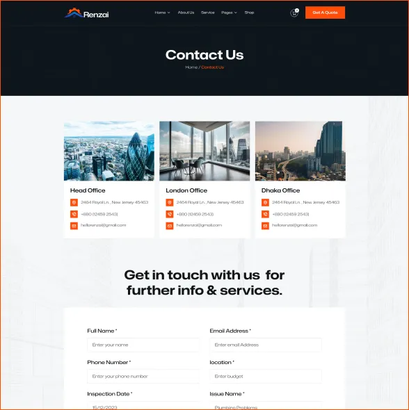 Contact Us webpage showing office locations for Head Office, London Office, and Dhaka Office with addresses, phone numbers, and emails, along with a contact form below.