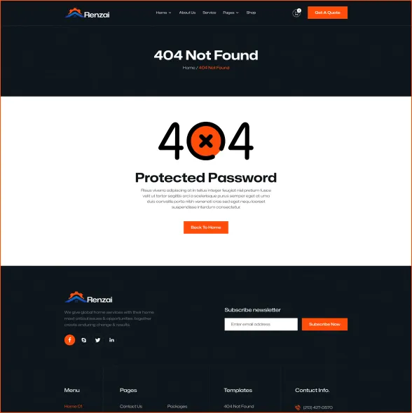 Website 404 Not Found error page with text 'Protected Password' and a button labeled 'Back to Home'.