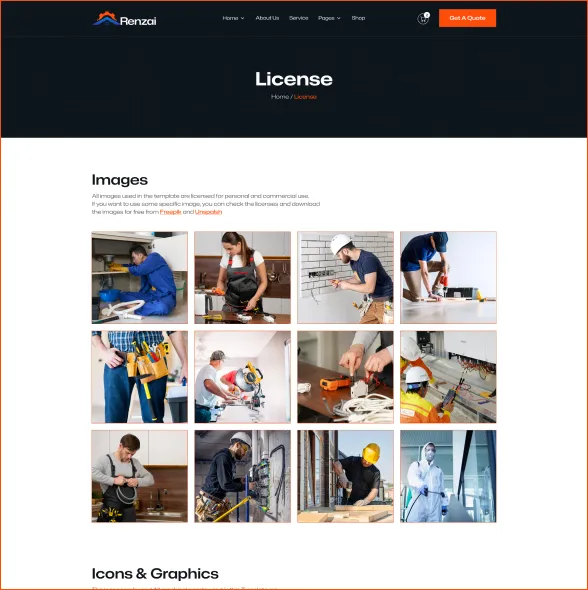 Website section titled 'License' showing a grid of twelve images depicting people working in various manual trades and construction tasks.