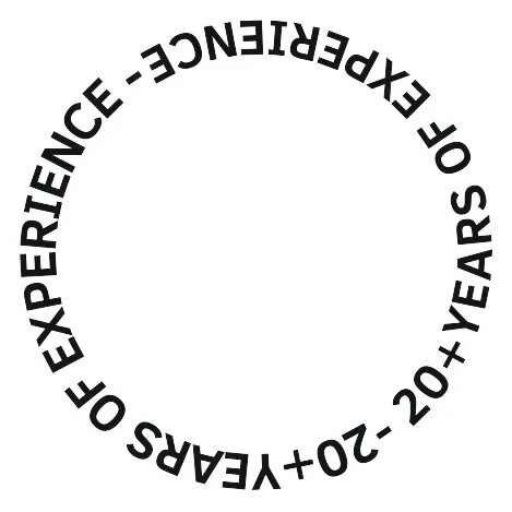 Circular stamp graphic with the text '20+ YEARS OF EXPERIENCE' repeated around the border.