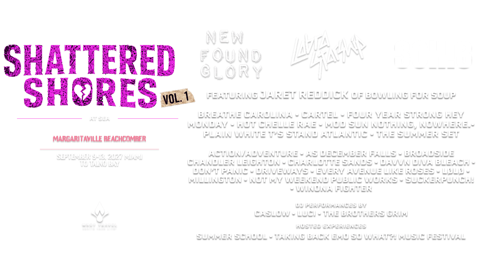 Shattered Shores lineup graphic featuring New Found Glory, 3OH!3, Breathe Carolina, Plain White T's, Stand Atlantic, Mod Sun, Taking Back Emo, DJs, hosted experiences, and music festivals.