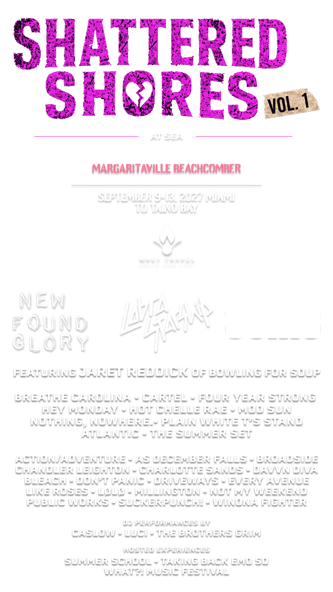 Shattered Shores lineup graphic featuring New Found Glory, 3OH!3, Breathe Carolina, Plain White T's, Stand Atlantic, Mod Sun, Taking Back Emo, DJs, hosted experiences, and music festivals.