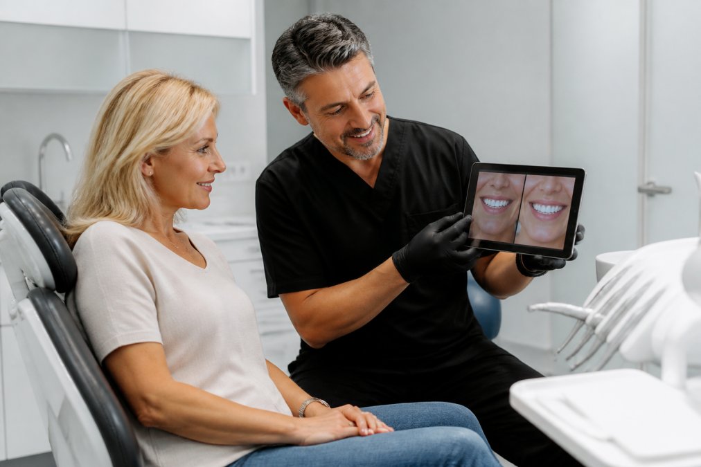 Dentist showing a patient a digital smile ai preview on a tablet in a modern dental clinic
