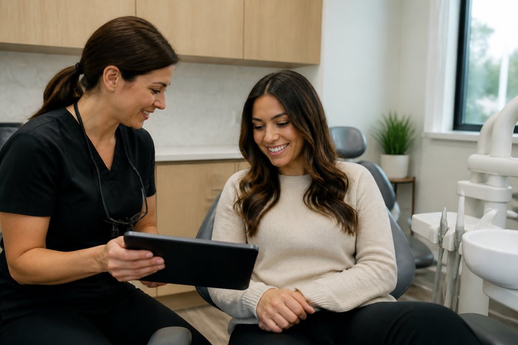 Dentist and patient reviewing a digital smile simulation to improve cosmetic case acceptance in a modern office