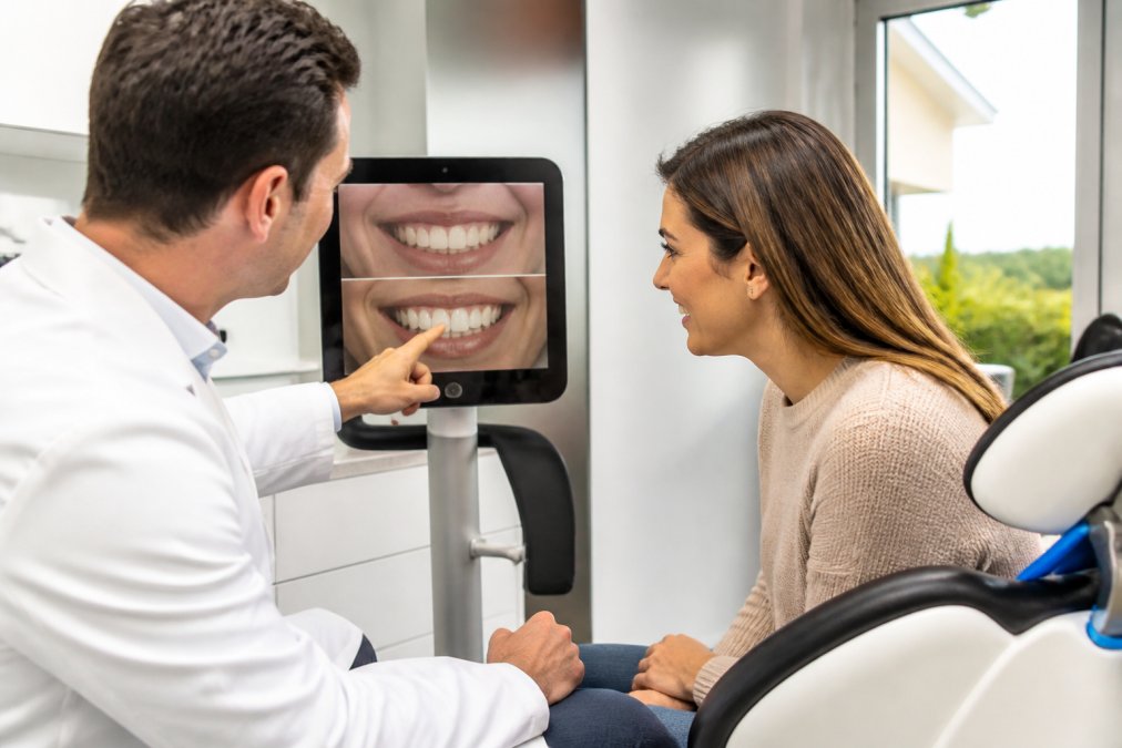 Professional dentist in white coat showing patient a smile simulation on a chairside monitor during consultation, patient leaning forward to view the screen with engaged expression, bright clinical lighting