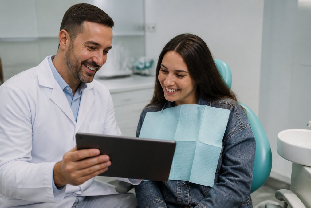 Cosmetic dentist showing a tablet displaying AI-generated smile simulation to an engaged patient in the treatment chair, both smiling and examining the screen together