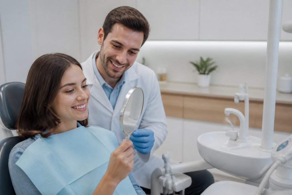 Dentist and patient reviewing a smile simulation on a chairside monitor during a consultation, examining the projected smile outcome together