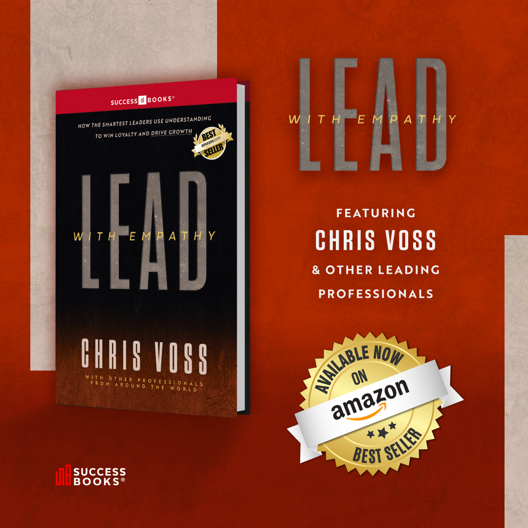 Book cover for Lead with Empathy by Chris Voss, now available on Amazon, with smoke and spotlight background.