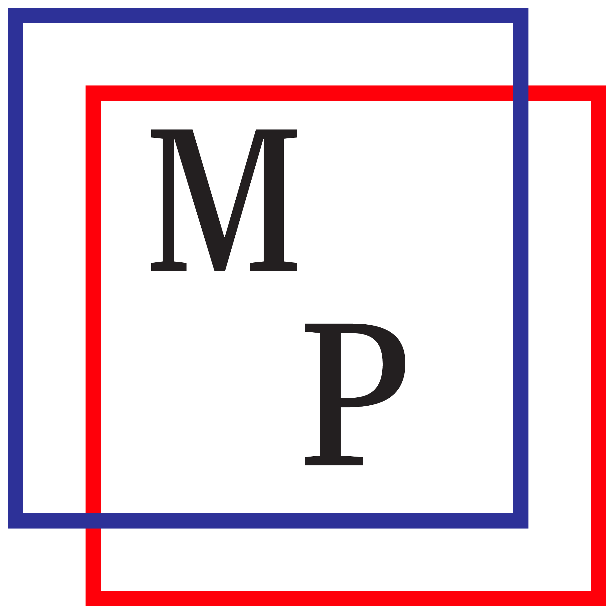 Logo's website: 2 empty squares with blue and red borders respectively; and the letters MP inside