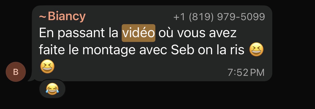 Screenshot of a French text message from Biancy with laughing emojis discussing a video montage with Seb.