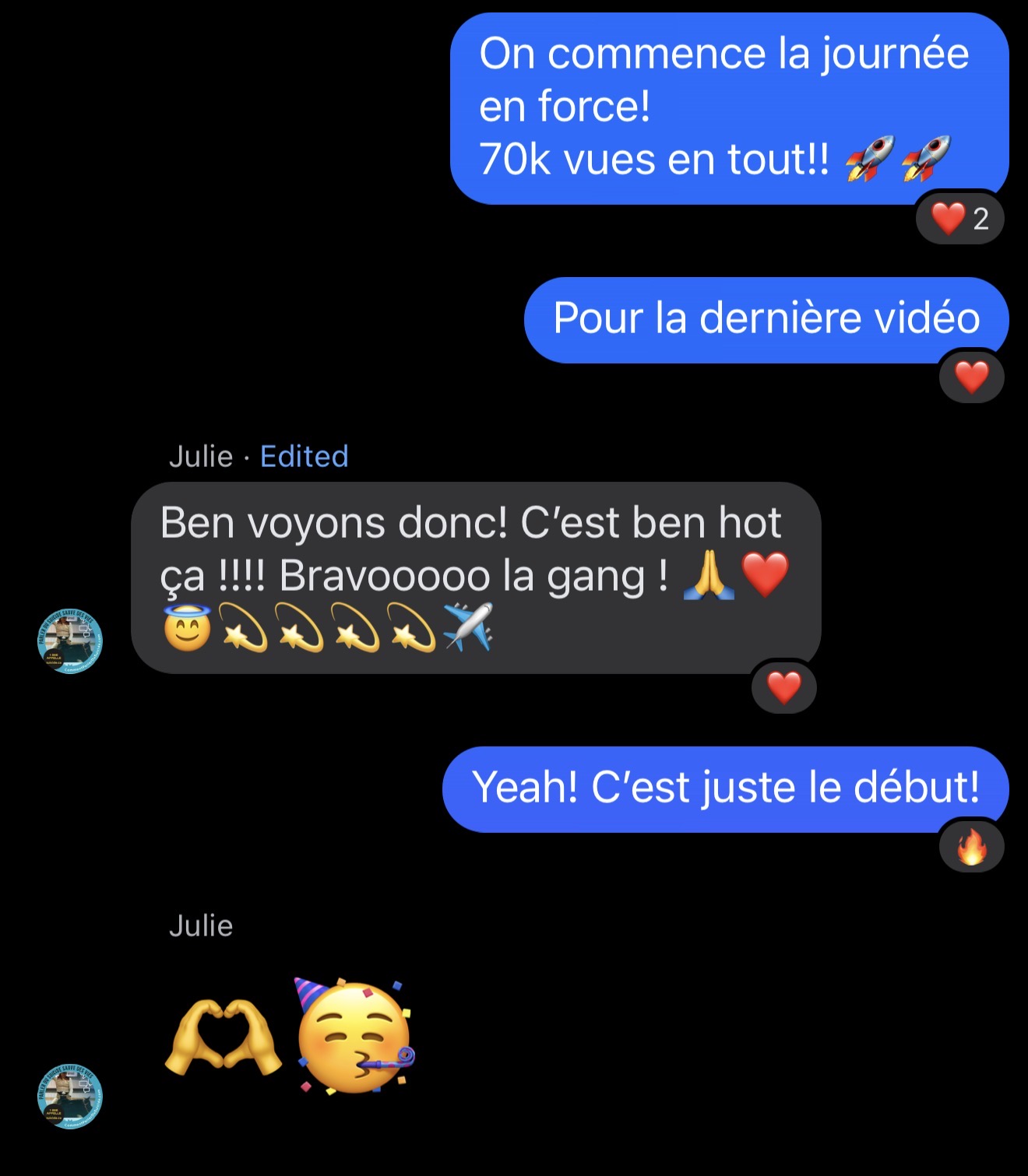Text conversation in French with celebratory and congratulatory messages and multiple emojis including rockets, hearts, stars, and party icons.