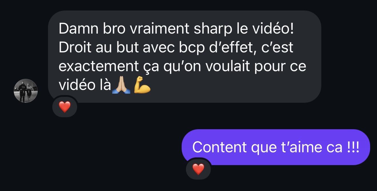 Screenshot of a text message conversation in French praising a video for being sharp, straightforward, and impactful, with emojis including folded hands, flexed biceps, and hearts.