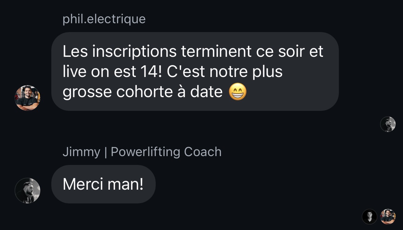 Chat message exchange where phil.electrique announces registrations end tonight with 14 live participants, their largest cohort yet, followed by Jimmy, Powerlifting Coach, thanking him.
