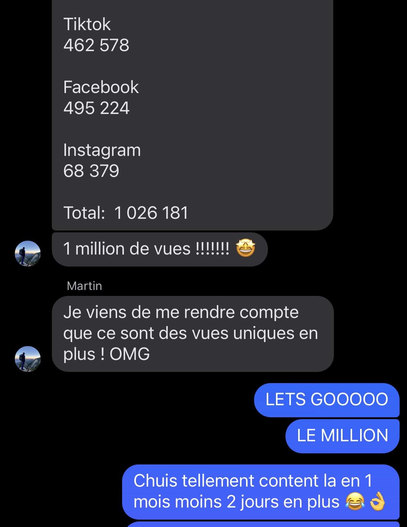 Screenshot of a conversation celebrating reaching over one million unique views across TikTok, Facebook, and Instagram, with enthusiastic messages.