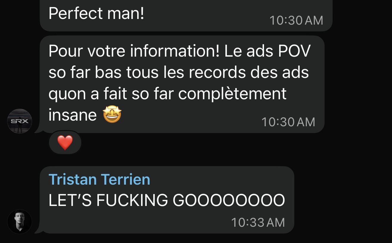 Screenshot of a chat conversation with messages praising an ad campaign's performance and expressing excitement.