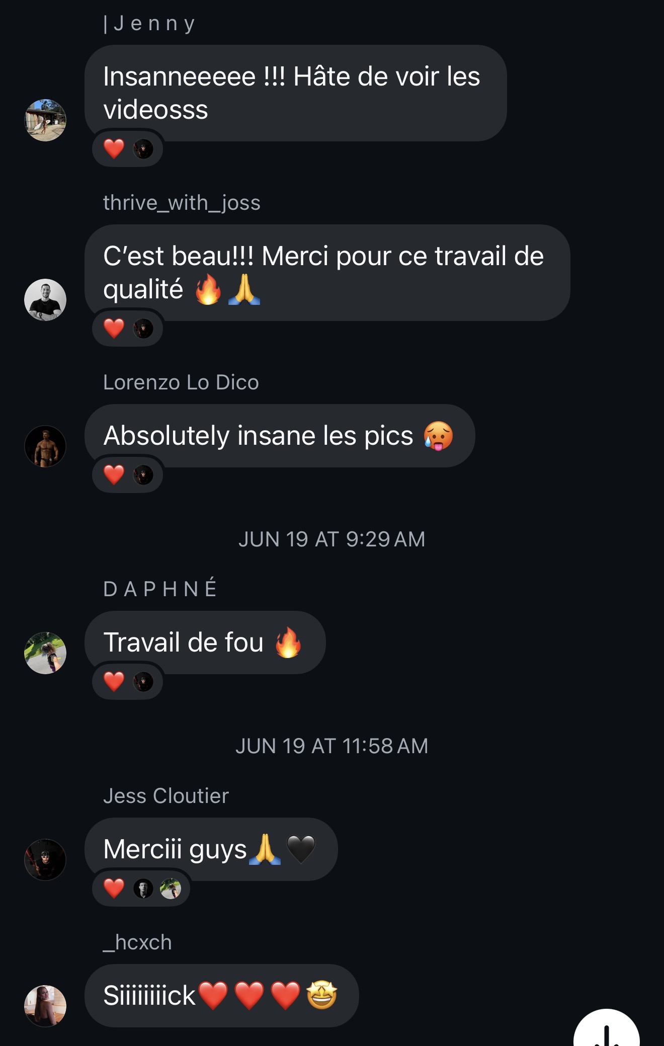 Screenshot of social media comments in French and English praising photos and videos, testimonials of Bolt'S work