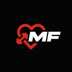 Logo with red heart outline and dumbbell icon next to white letters 'MF' on black background.