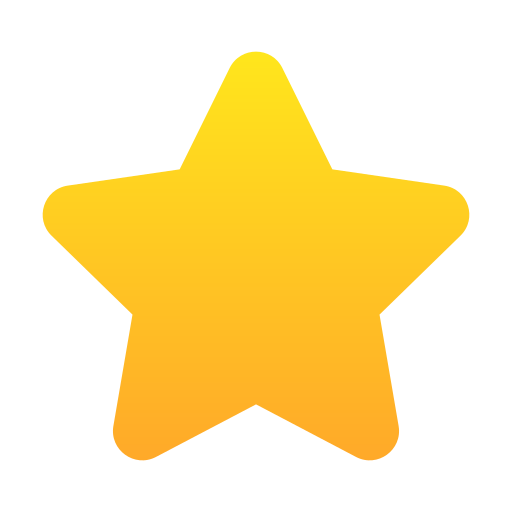Yellow star icon with rounded edges on transparent background.