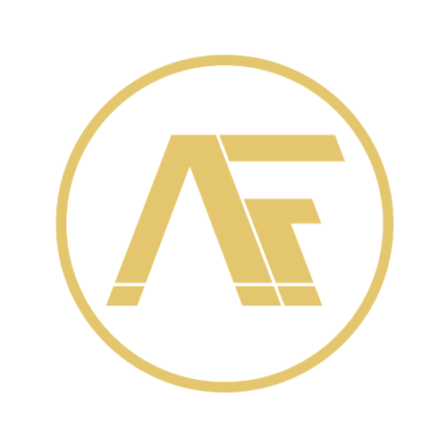 Circular gold emblem with stylized letters A and F inside on a black background.