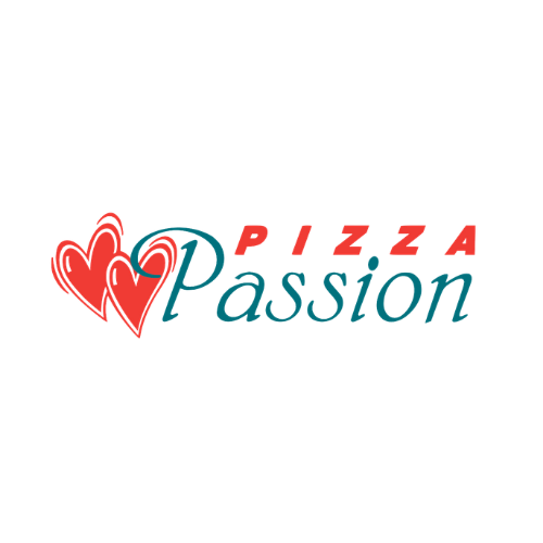 Pizza Passion logo with red heart icons and stylized text.