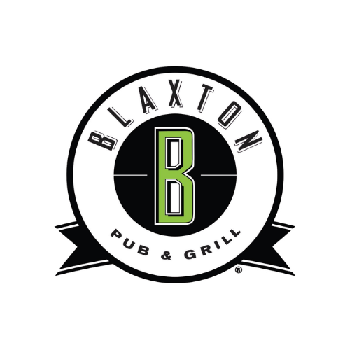 Blaxxton Pub & Grill logo with large green B inside black and white circle and ribbon.
