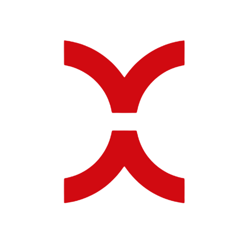 Red abstract geometric shape with two curved arms forming an X on a white background.