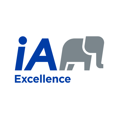 Logo with blue letters iA and gray elephant silhouette, with the word Excellence below.