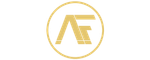 Circular logo with stylized letters A and F intertwined in gold gradient on black background.