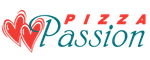 Logo with two red hearts and the words Pizza Passion in red and teal script.