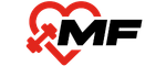 Logo with two interlocked hearts and the letters MF to the right in bold style