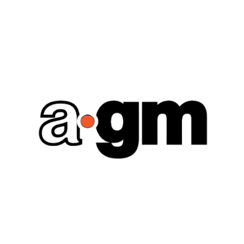 Logo with lowercase letters 'a' and 'gm' separated by an orange dot on black background.