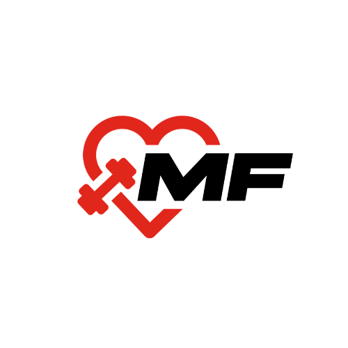 Red heart shape with a dumbbell inside and black letters MF overlapping the heart.
