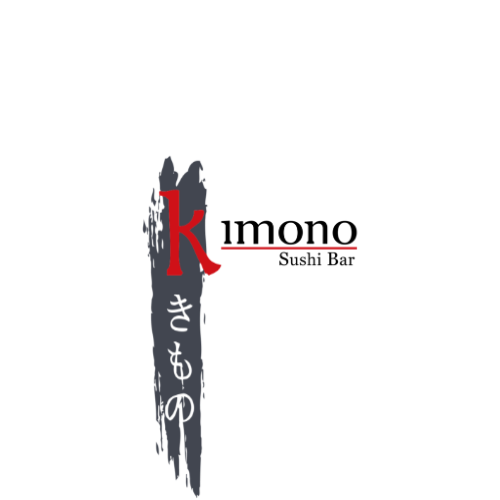 Kimono Sushi Bar logo with a red letter K and black brushstroke design on white background.
