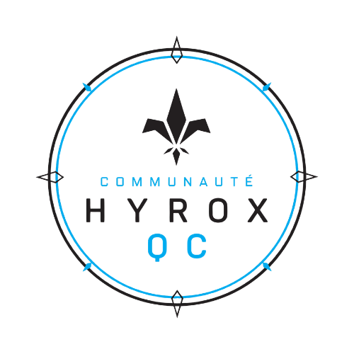 Circle logo with a fleur-de-lis and text 'Communauté HYROX QC' inside black and blue circular borders.