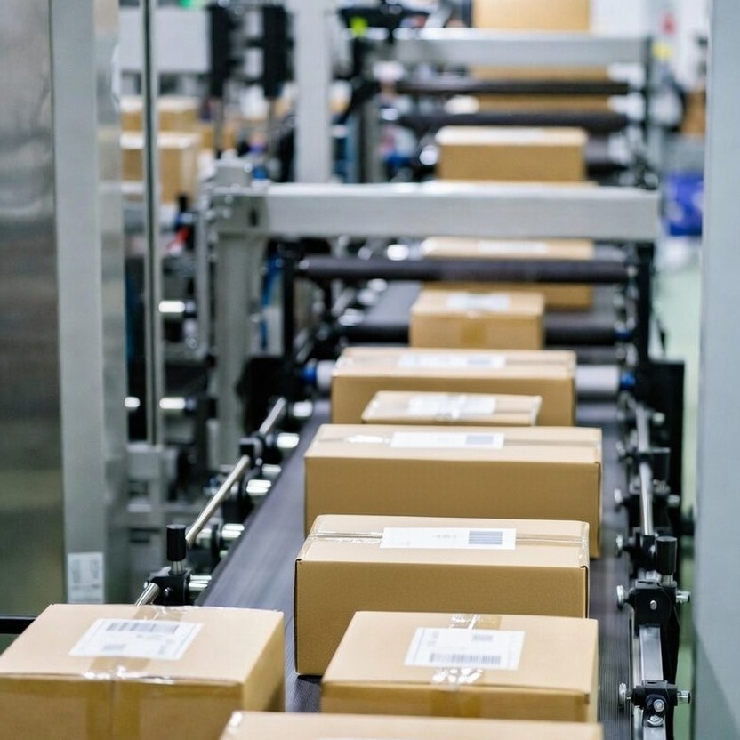 Multiple brown cardboard boxes with shipping labels moving on an automated conveyor belt in a warehouse.