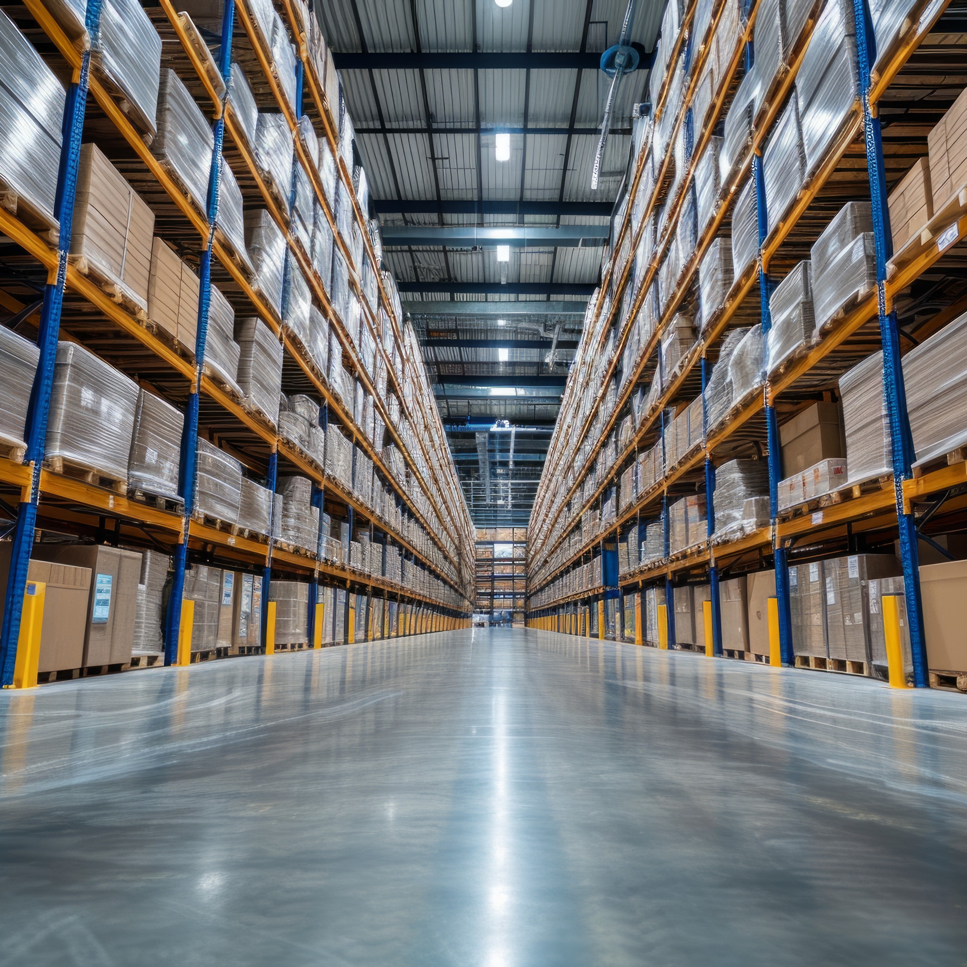 Wide aisle in a large warehouse lined with tall shelves stacked with wrapped pallets and boxes.