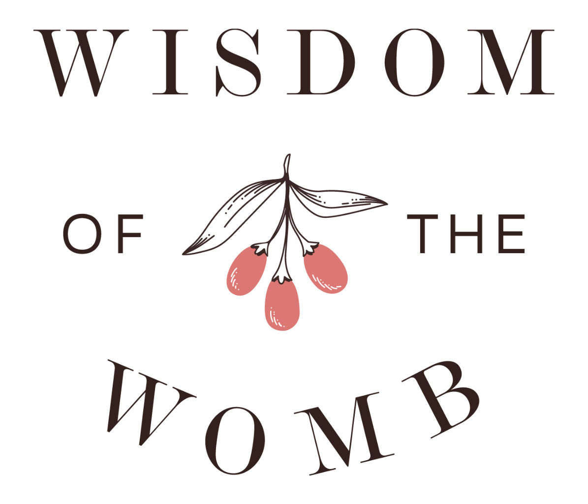 Text reading 'WISDOM OF THE WOMB' with an illustration of three pink berries and two leaves in the center.