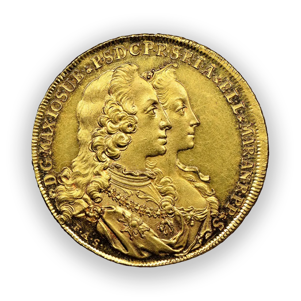 Gold coin featuring side profiles of a man and a woman adorned with historical royal attire and inscriptions around the edge. Numismatic.