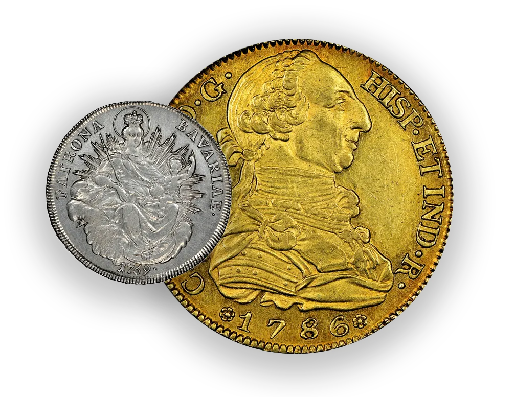 A gold coin from 1786 with a profile of a man and a silver coin from 1769 depicting a crowned woman holding a child with rays behind them. European silver and old collectibles coins.