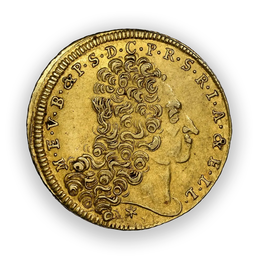 Gold coin featuring a right-facing profile of a man with curly hair and inscription around the edge. Numismatic gold and silver world coins
