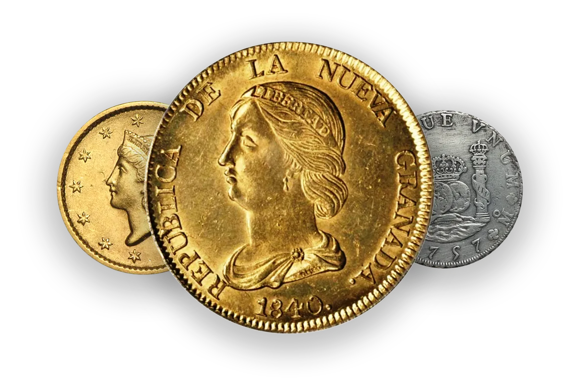 Collection of three vintage gold and silver coins, with the largest gold coin dated 1840 and inscribed 'Republica de la Nueva Granada'. Numismatic valuable collectibles coins of gold and silver
