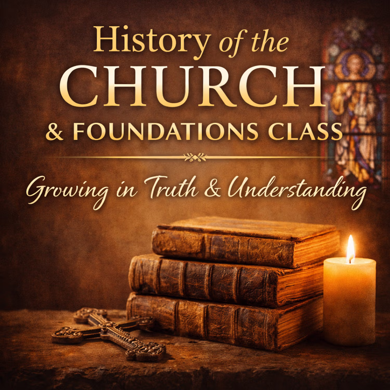 Stack of old leather-bound books, a lit candle, and a cross on a wooden surface with stained glass in the background and text about church history and foundations class.