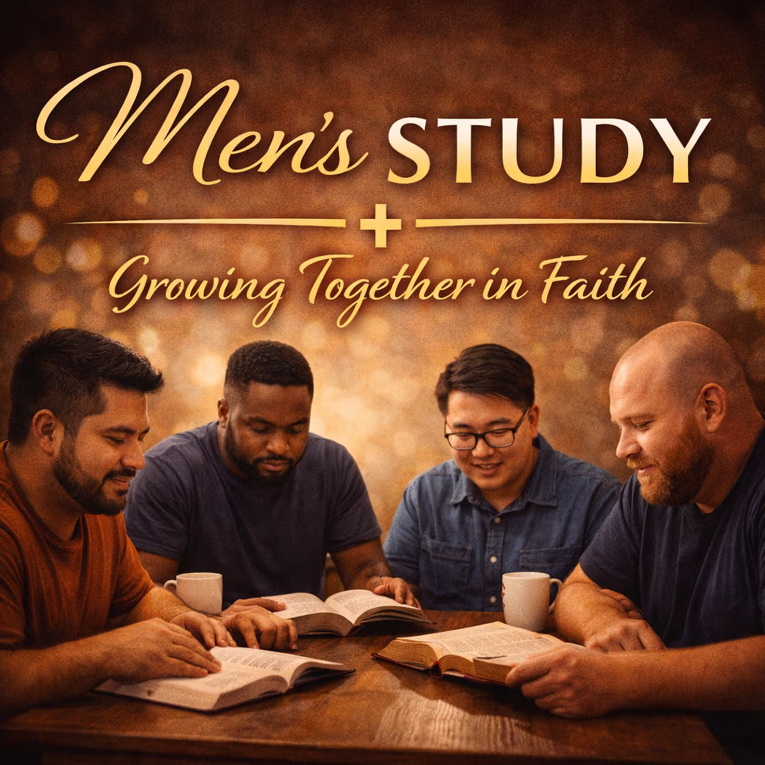 Four men of diverse backgrounds sitting around a table, reading Bibles together, with text 'Men's Study - Growing Together in Faith' above them.