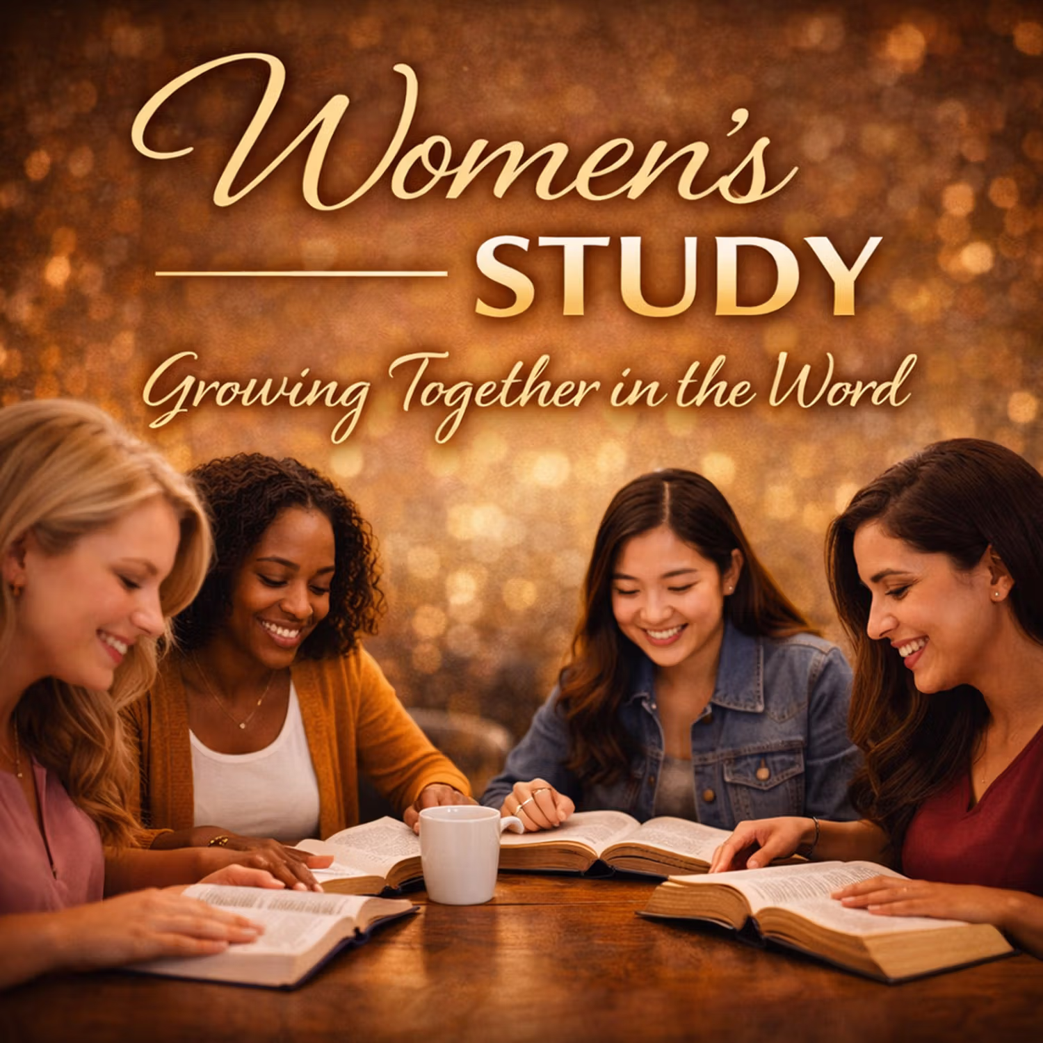 Four diverse women smiling and reading open books together at a wooden table with a white mug in the center, with text 'Women's Study Growing Together in the Word' in gold above them.