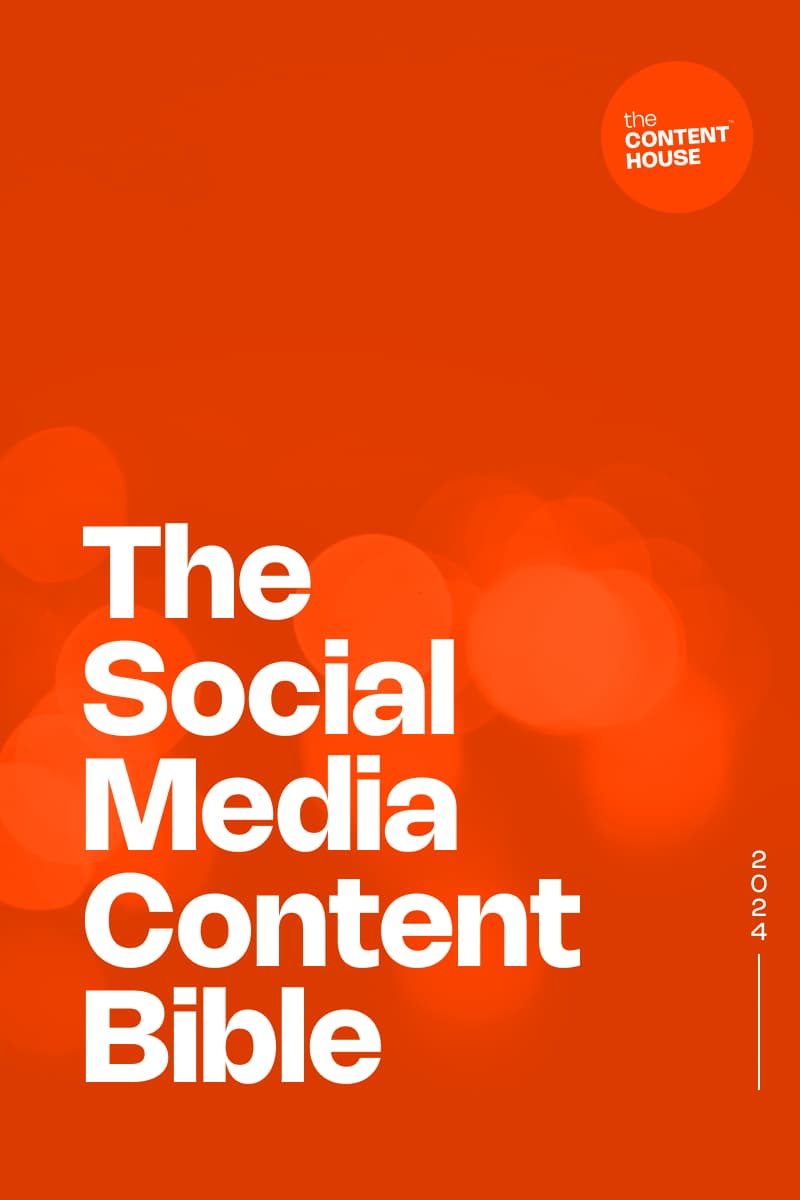Orange cover with white text reading 'The Social Media Content Bible' and a small logo for The Content House in the top right corner with the year 2024 on the right edge.